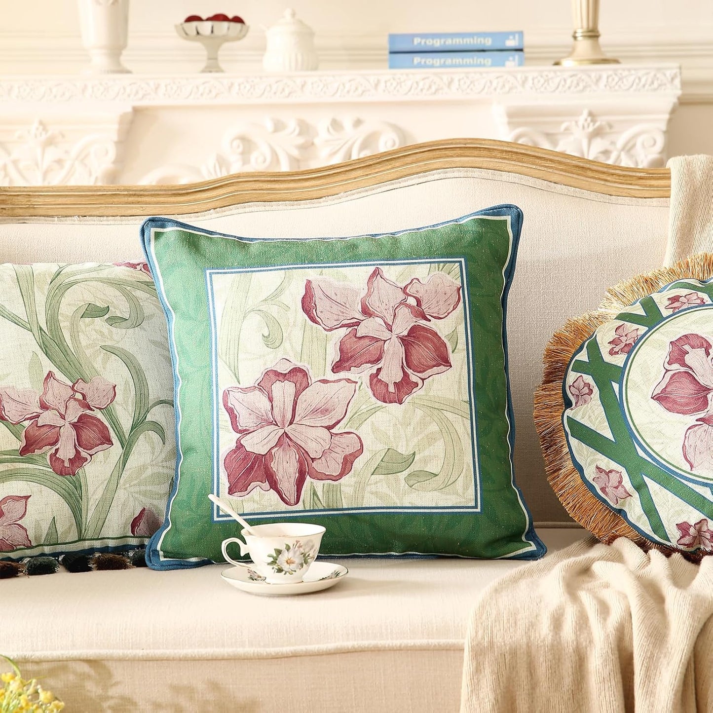 patdrea Designer Throw Pillow Covers Set of 4,French Elegant Green Linen with Iris Floral Collection Pattern Pillow Covers,Decorative Lumbar Square Round Pillowcases Cushion for Bed Living Room