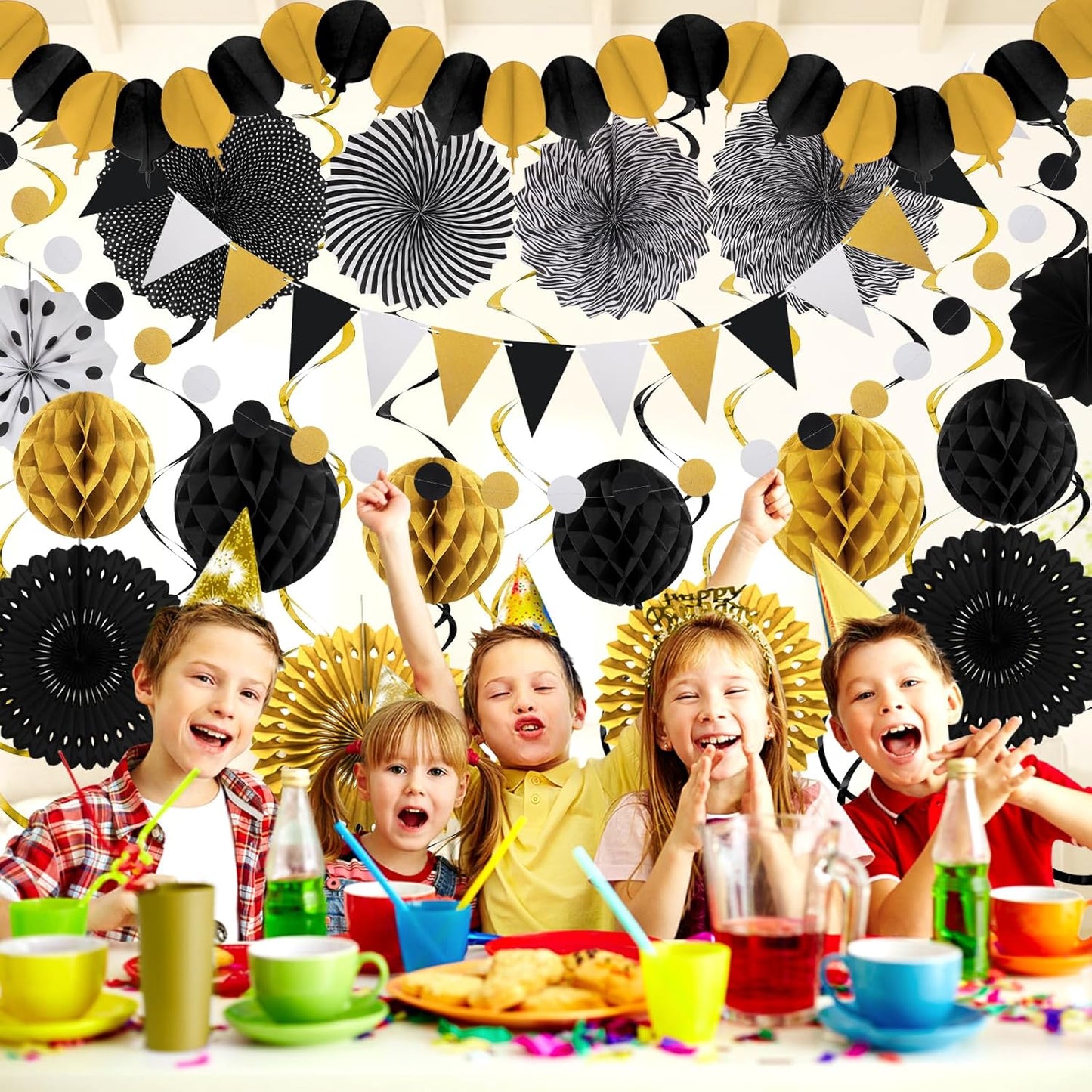 Black Gold Party Decorations, New Years Eve Party Supplies Easy Assembly Paper Fan Honeycomb Ball Garland Hanging Swirl for Graduation Congrats Grad Birthday Happy New Year Party