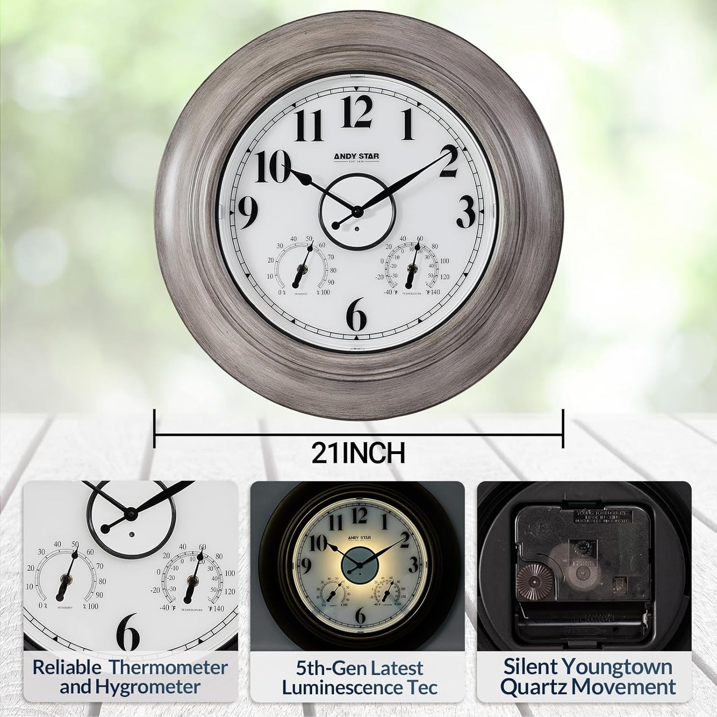 Andy Star 21 Inch Large Luminous Outdoor Wall Clock and Temperature for Patio, Pool, Oversized Round Wall Clocks Waterproof, Vintage Brushed Gray Oak Wooden Finish Silent Non Ticking