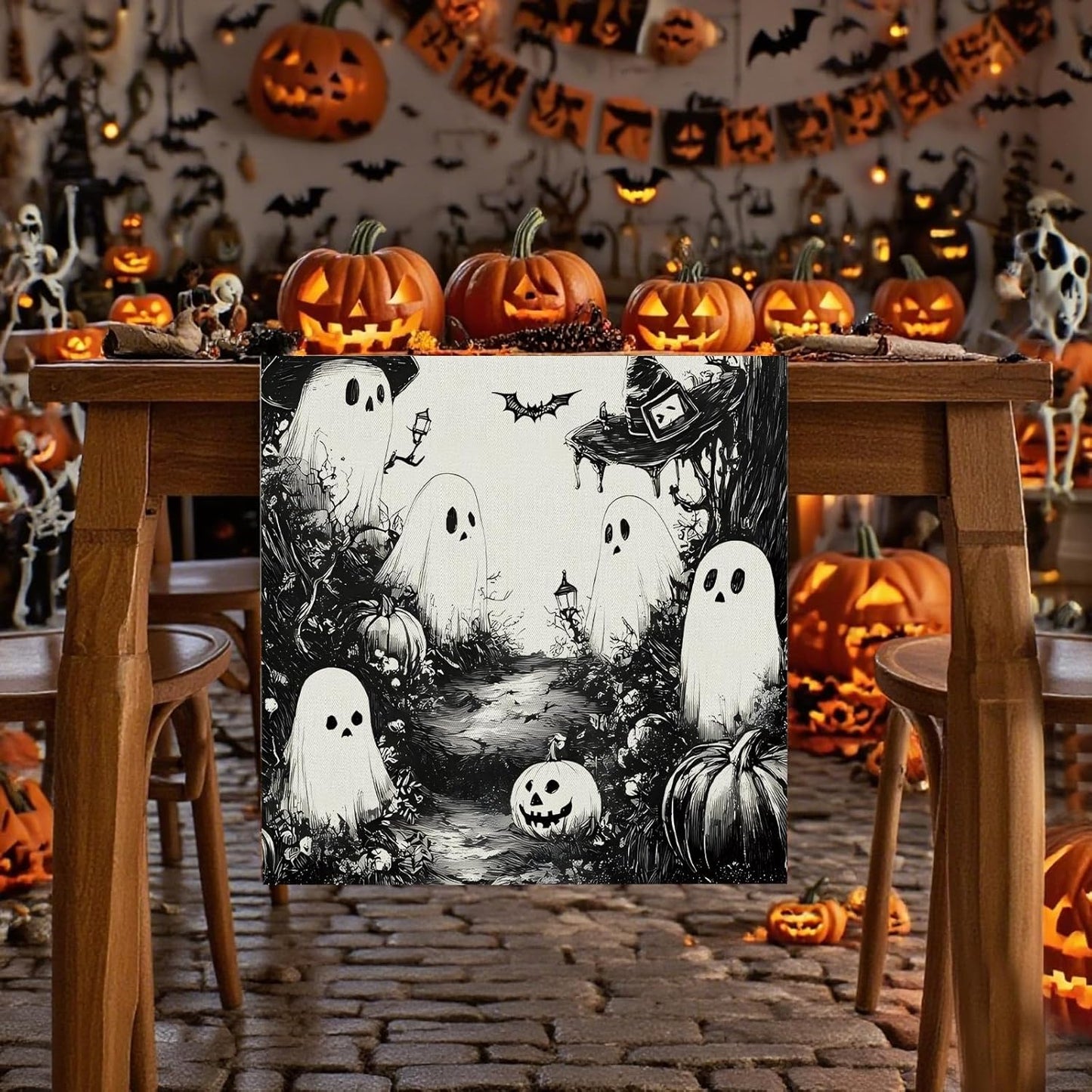 GPGHE Halloween Table Runner Black Ghost Holiday Burlap Table Decoration Indoor Outdoor Home Decor Party Supply 13 x 108 Inch