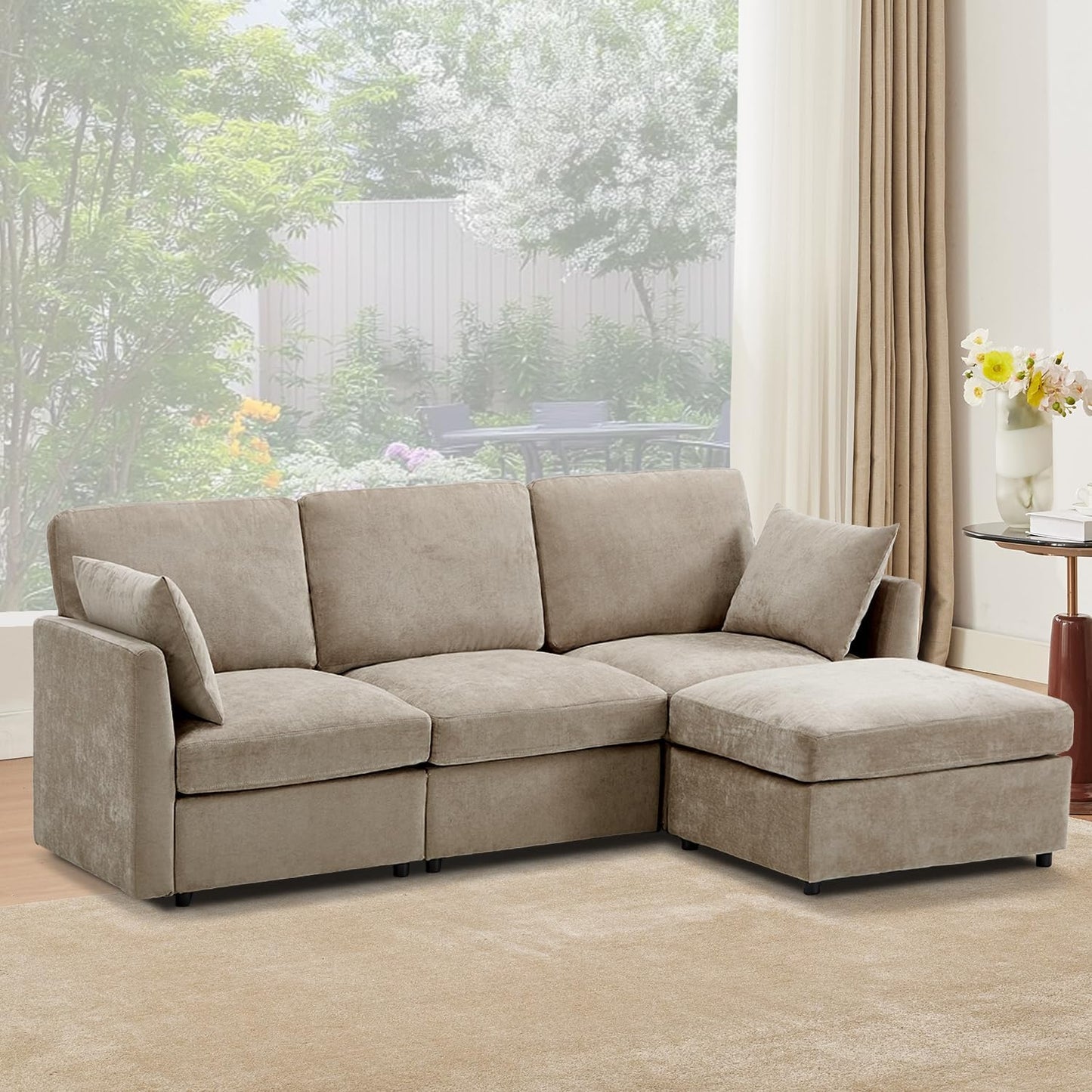 Tbfit 85" Convertible L Shaped Couch, Sectional Sofa for Living Room,Chenille Cloud Couch with Ottoman 4 Seat, Khaki