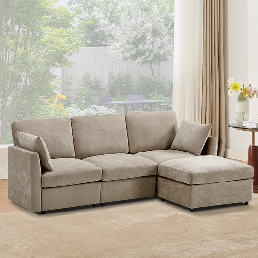 Tbfit 85" Convertible L Shaped Couch, Sectional Sofa for Living Room,Chenille Cloud Couch with Ottoman 4 Seat, Khaki
