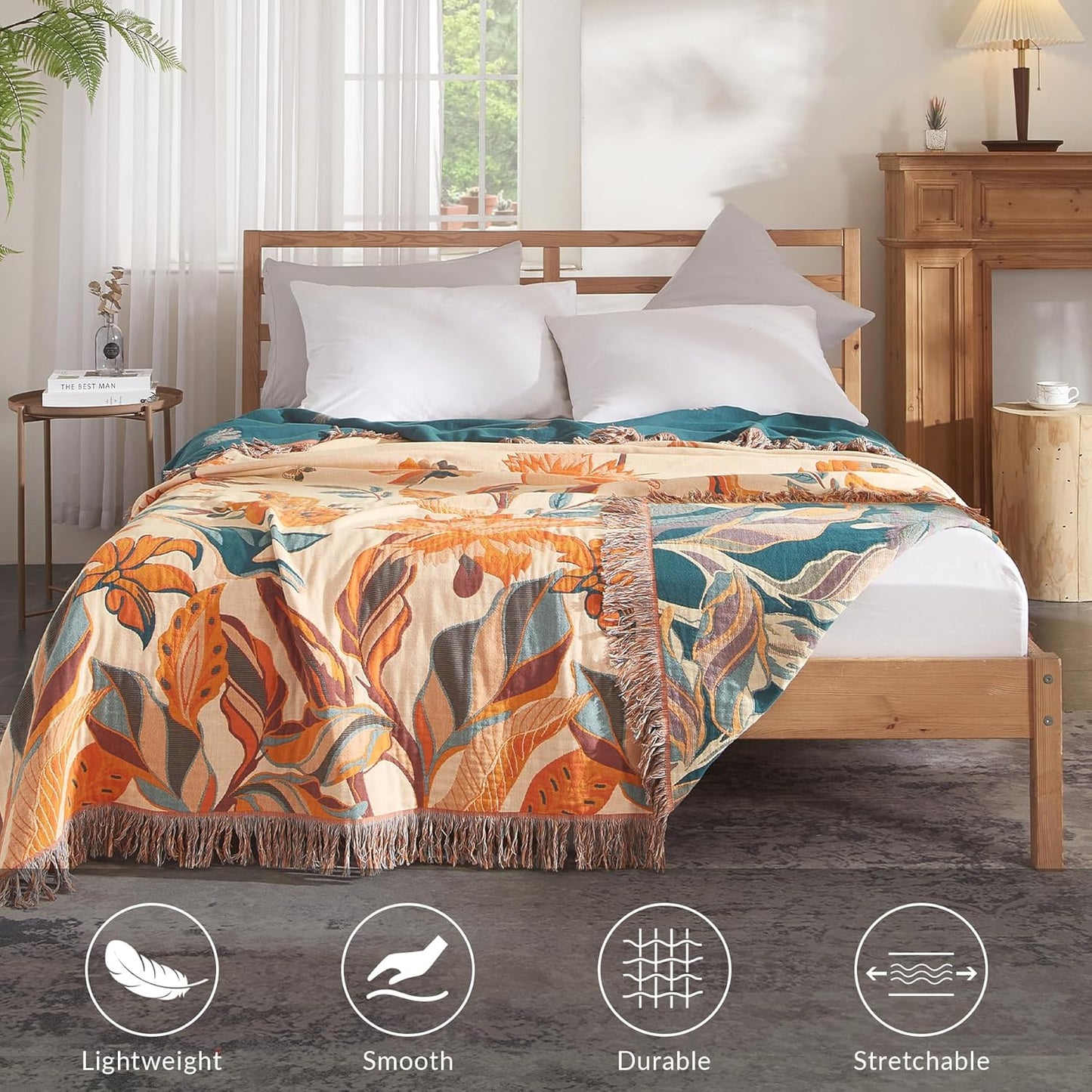 Boho Throw Blanket for Couch Sofa Bed, 100% Cotton Woven Quilt with Tassel 80”x90”, Super Soft Muslin Blanket with Floral Printed, Decorative Reversible Bed Blanket/Cover for All Seasons