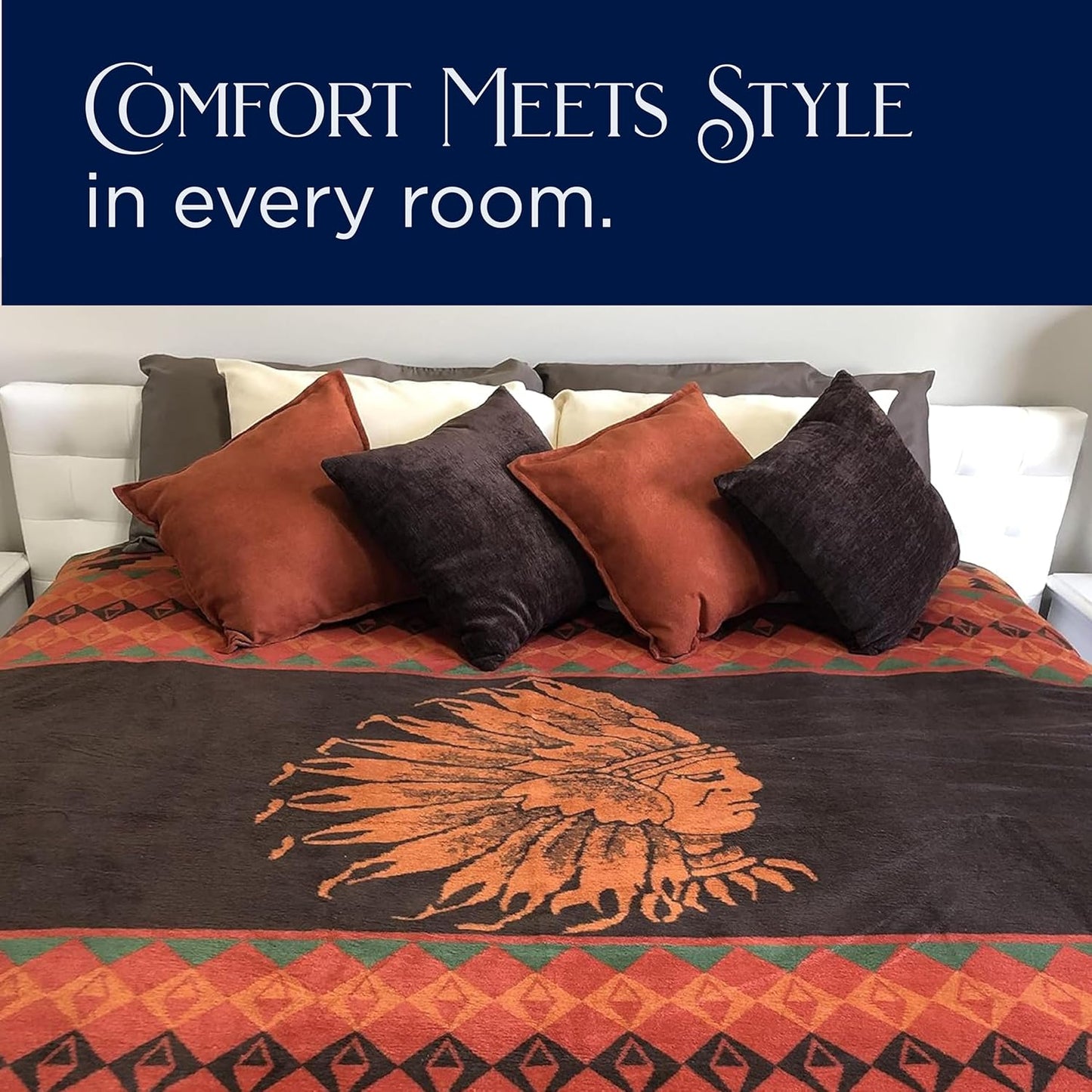 Beacon Blankets Southwestern Chief Henry Native American Design Throw - 90" x 90" Blanket Only - Premium Plush Blanket Can be Used for Queen or King Size Bed