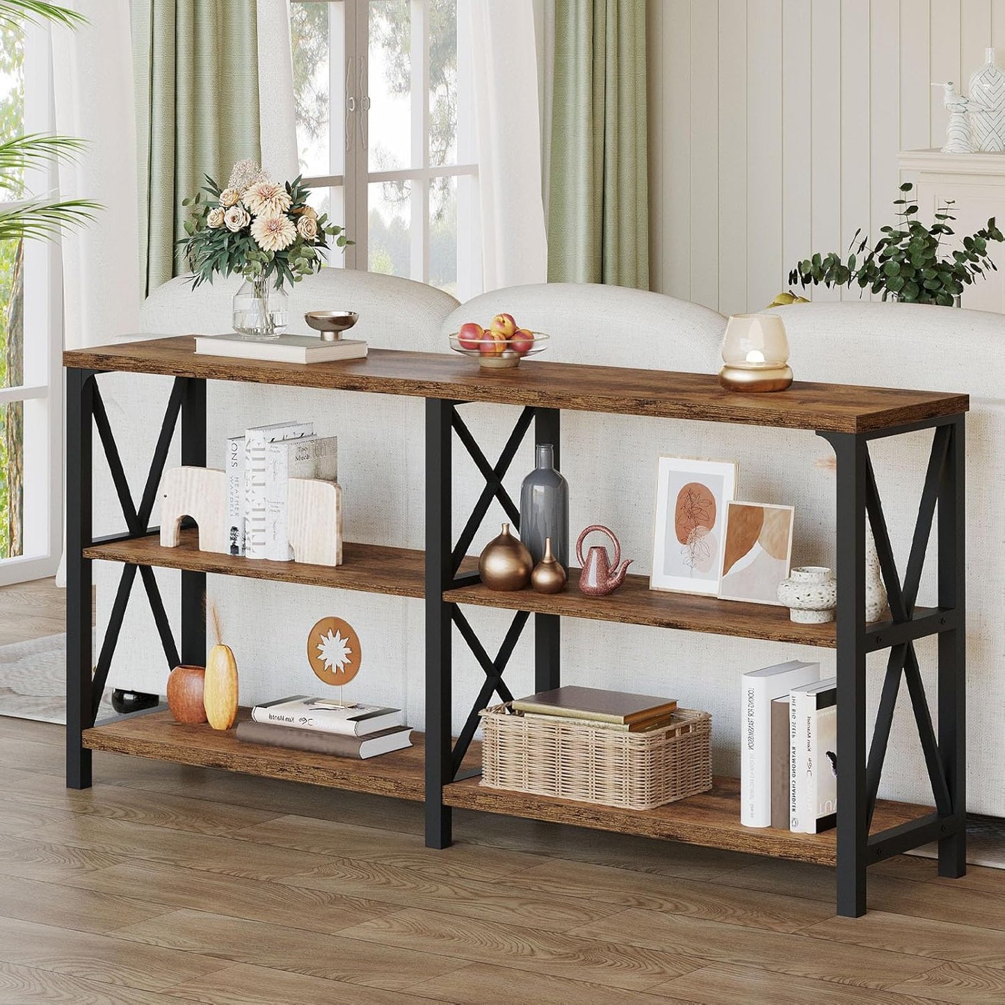 LVB Rustic Console Table, Industrial Wood Metal Sofa Table Behind Couch, Farmhouse Long Entryway Table with Storage Shelf, Large Wooden Foyer Hallway Table for Entry Living Room, Rustic Brown, 63 Inch