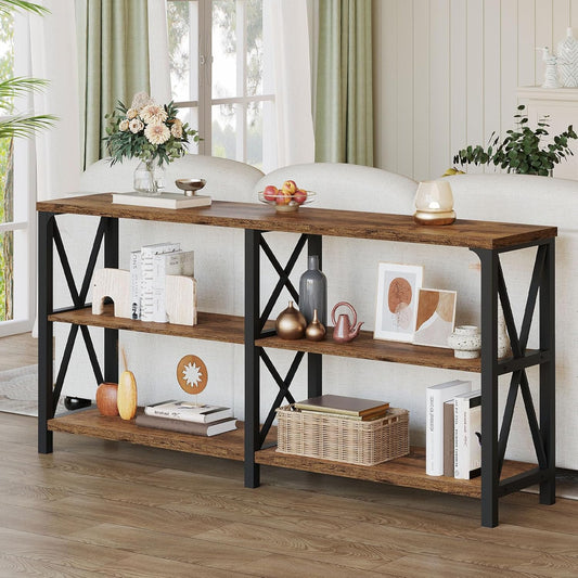 LVB Rustic Console Table, Industrial Wood Metal Sofa Table Behind Couch, Farmhouse Long Entryway Table with Storage Shelf, Large Wooden Foyer Hallway Table for Entry Living Room, Rustic Brown, 63 Inch