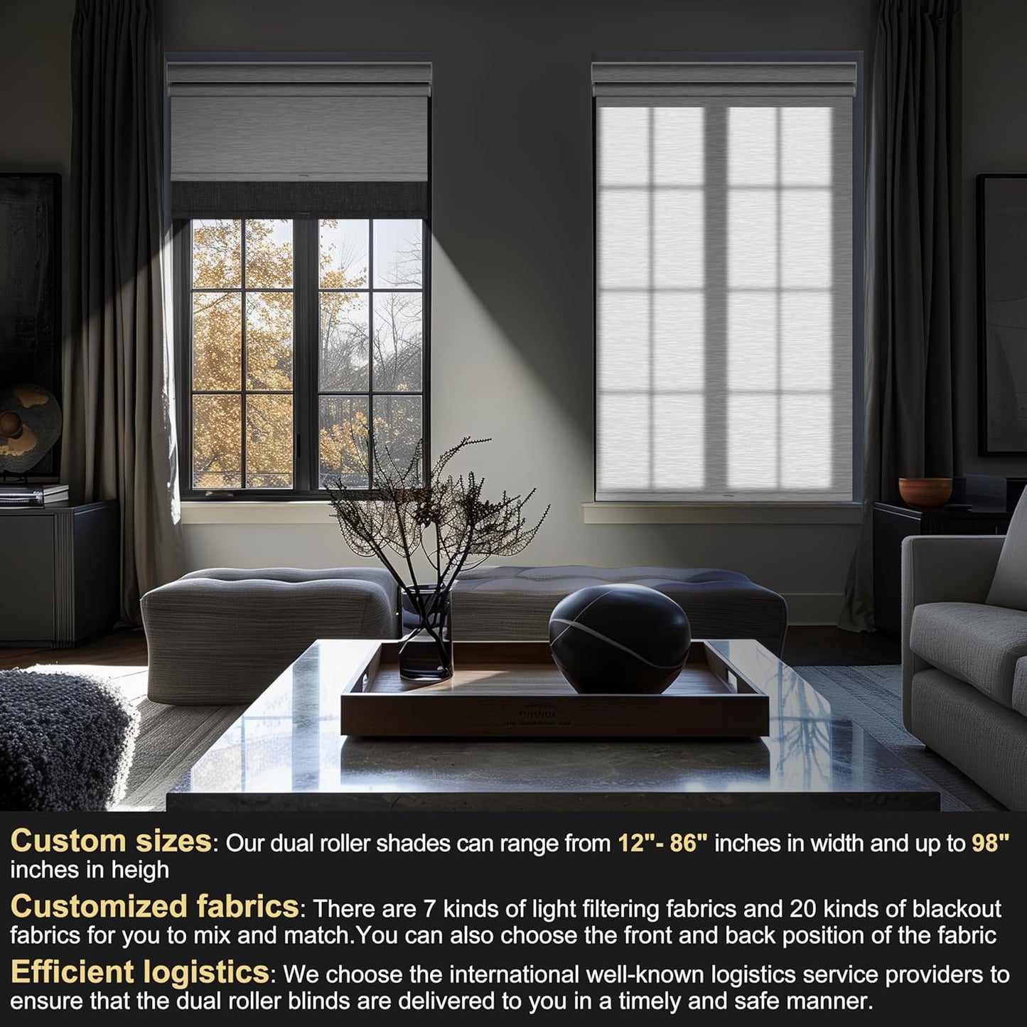 BERISSA Cordless Dual Roller Shades with Cassette Valance - Double Window Shades, Blackout & Light Filtering. Dark Grey Linen & White. Custom Sizes