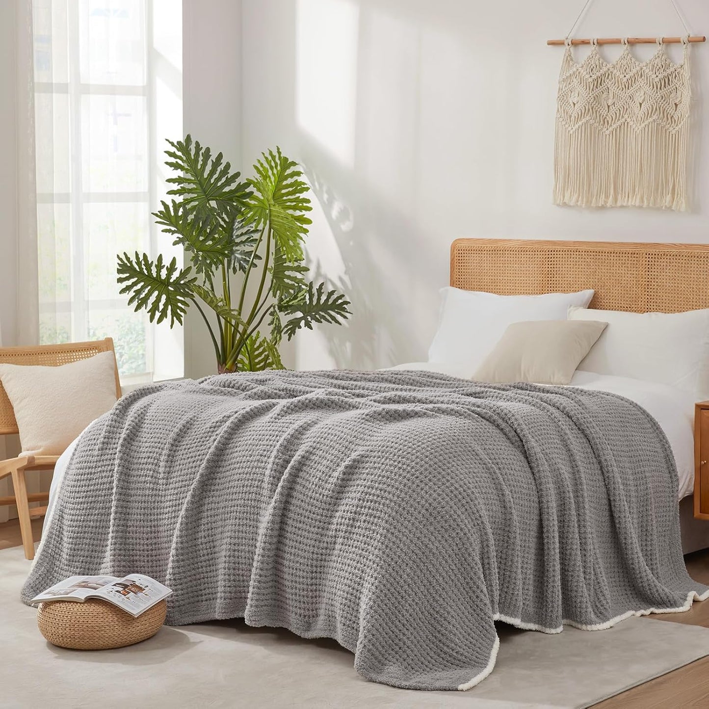 Snuggle Sac Soft Waffle Blanket, Grey Bedding Blankets Queen Size 90x90 inches, Reversible Microfiber Fluffy Fuzzy Grey Blanket Cozy Knit Blanket for Women Mothers Birthday Gifts