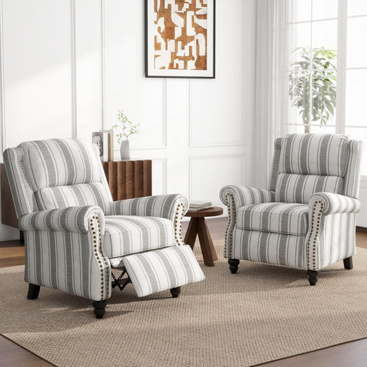 UIXE Pushback Recliner Chairs Set of 2, Fabric Armchair Push Back Accent Chair for Living Room, Rivet Trim Club Chair Overstuffed Home Theater Bedroom Reading Seat - Stripe Gray
