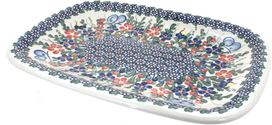 Blue Rose Polish Pottery Garden Butterfly Large Rectangular Serving Platter