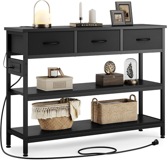 Lulive Entryway Table with Power Outlets, Console Table with 3 Fabric Drawers, Sofa Table for Living Room, Hallway, Couch, Foyer, Height Adjustable (Black, 43")