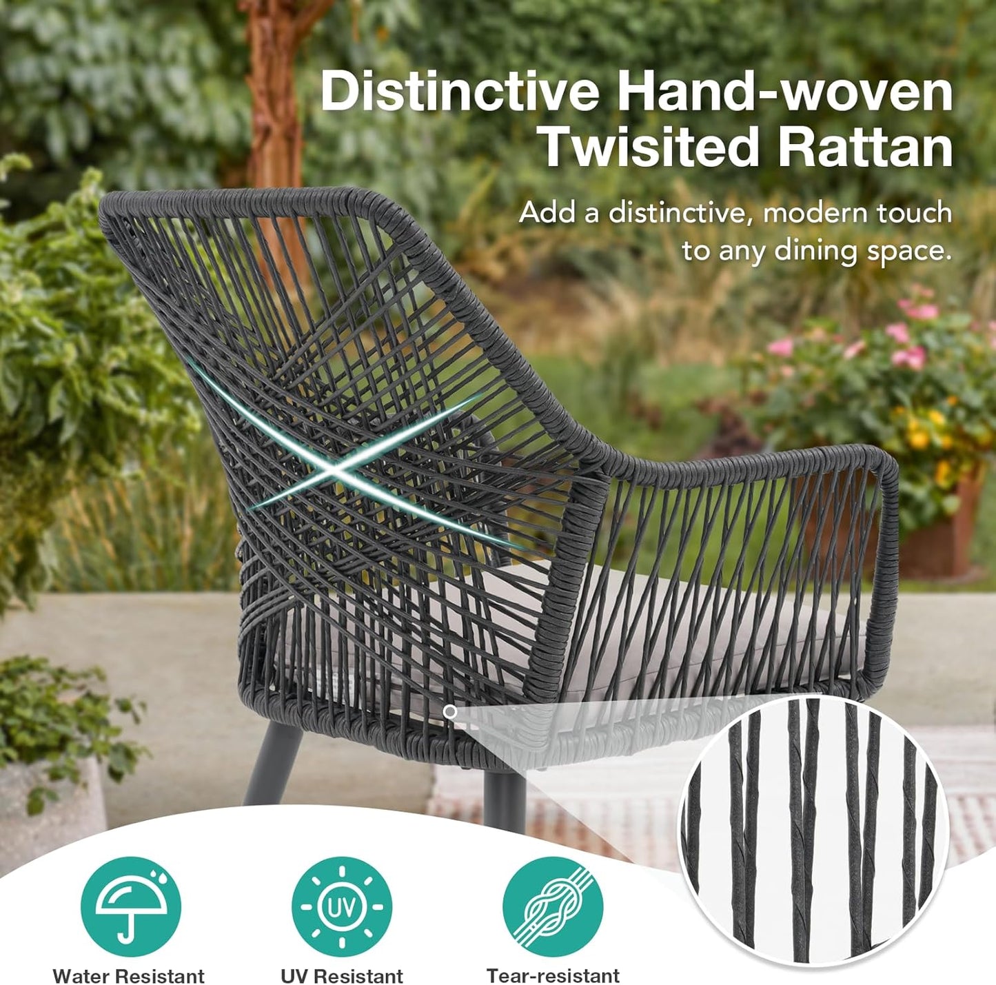 Patiorama Patio Dining Chair Set of 6, Woven Rope Outdoor Dining Chairs w/Steel Frame, All-Weather Twisted Rattan Chairs w/Armrest & Cushion, Outdoor Dining Wicker Chairs for Backyard Garden(Black)