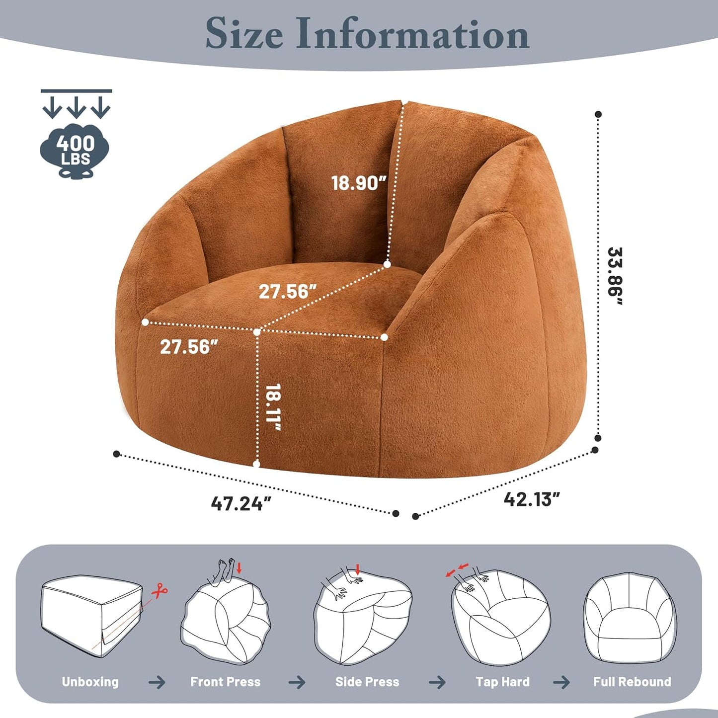 Giant Bean Bag Chair for Adults - Comfy Plush Round Shell Soft Reading Chair, Oversized Cozy Lounge Floor Sofa Accent Chair, Mini Couch for Living Room, Bedroom & Game Rooms, Orange