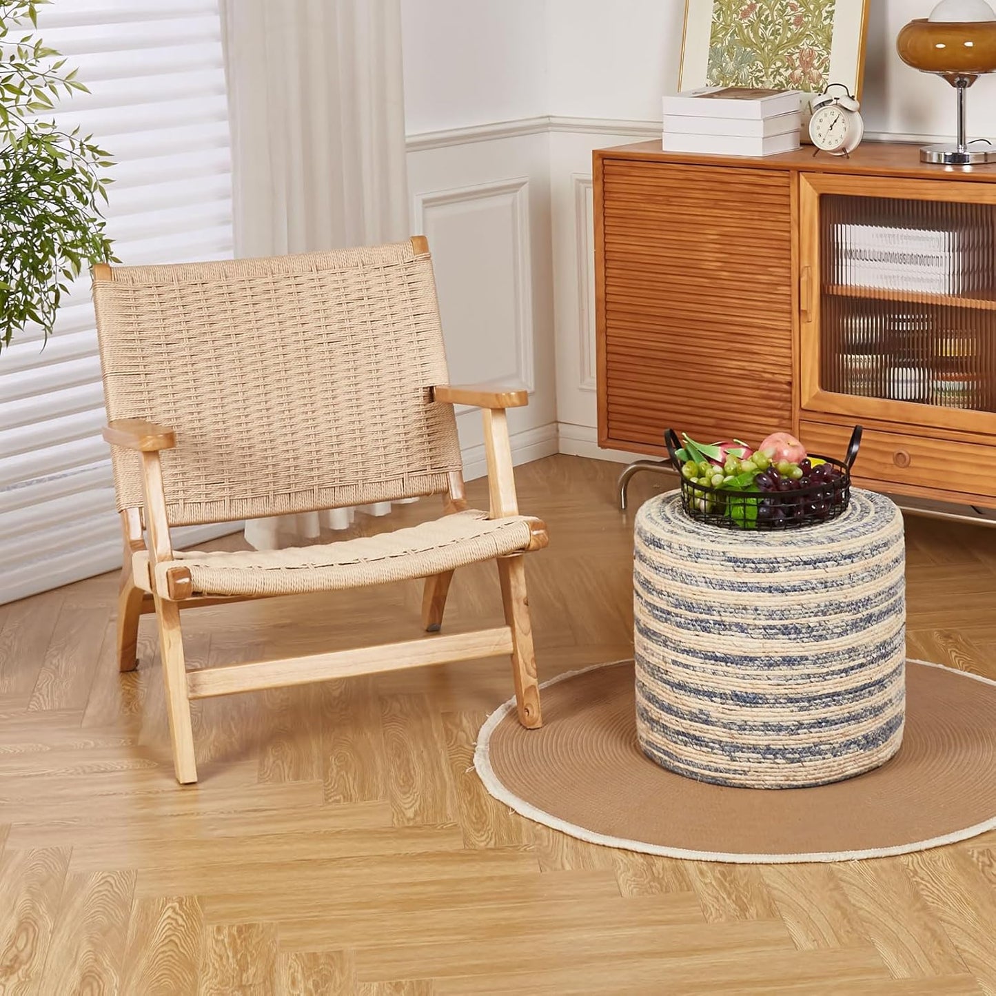 Wimarsbon 18'' Ottoman Pouf, Natural Braided Poof, Rustic Handweave Lounge Pouffe, Boho Footrest Stool for Bedroom, Accent Table for Living Room (Blue Corn Husk)