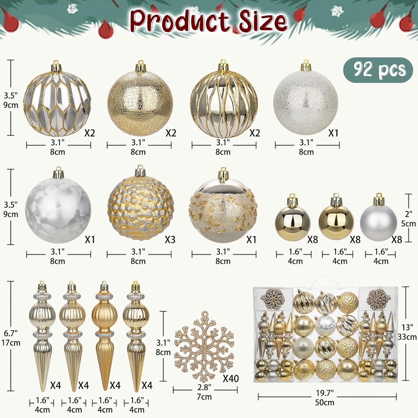 92ct Christmas Tree Decoration Set Christmas Ball Ornaments with Srtings Shatterproof Christmas Baubles for Christmas Holiday Wreath Garland Party Decoration, Gold-Silver