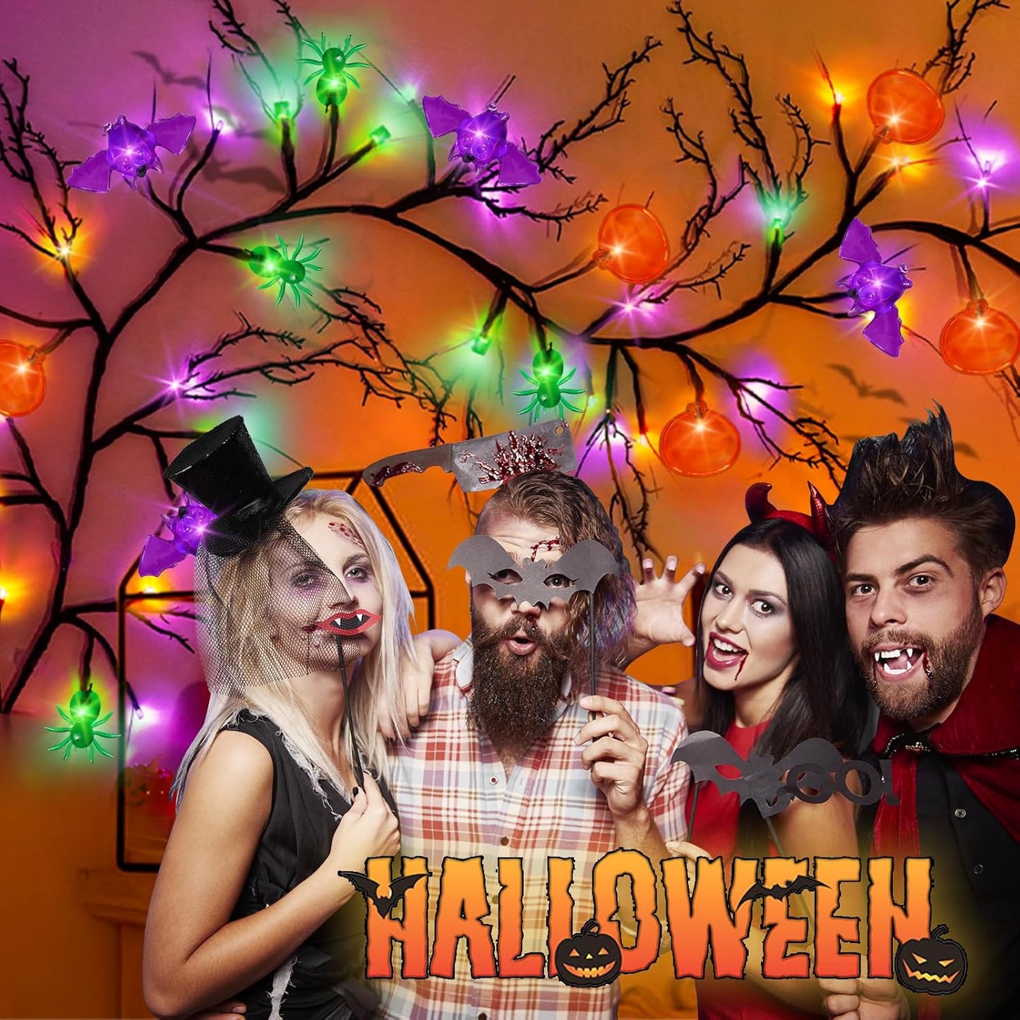 [8 Modes & Timer] 6 Ft Halloween Willow Vine Twig Decor Garland with Bats Pumpkins Spiders Lights, 54 LED Battery Operated Halloween Lights for Indoor Home Mantle Fireplace Decor