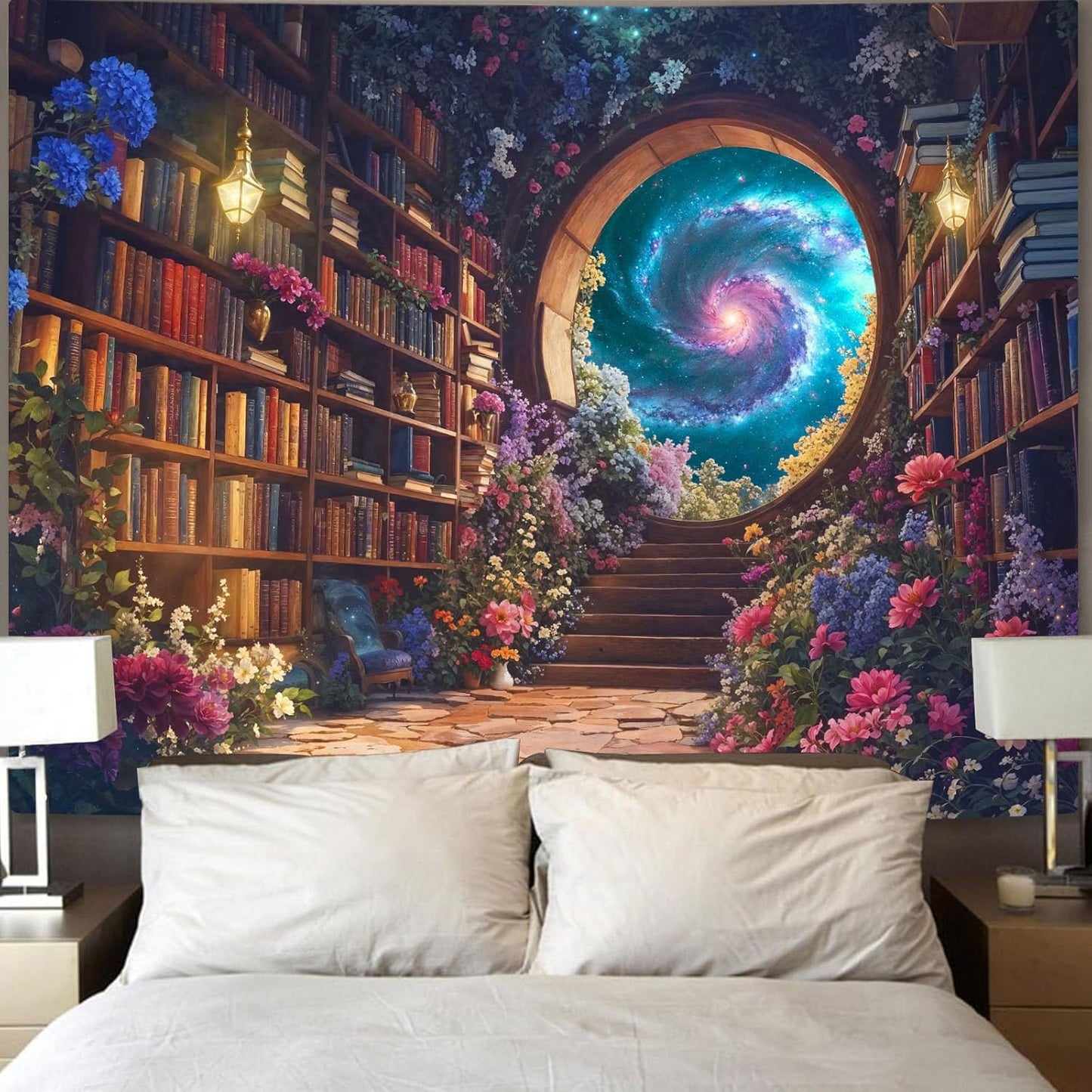 Accnicc Floral Bookshelf Tapestry Fantasy Library Tapestries Wall Hanging Vintage Plant Flower Book Large Tapestry for Bedroom Living Room Dorm 80 x 60 inch
