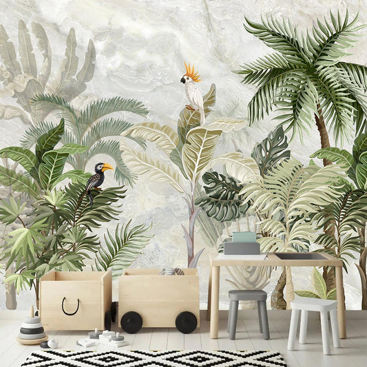 AFZEVEB-Green Forest Nursery Wallpaper Tropical Parrots Wall murals for Kids Room 159"x107" (Not Peel and Stick)