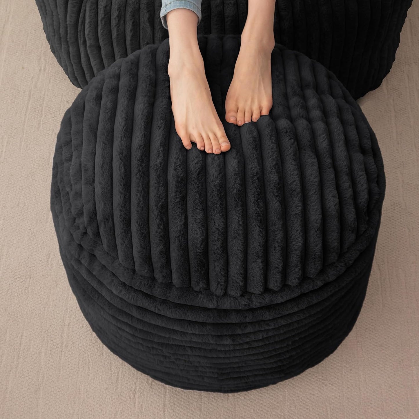 HIGOGOGO Round Stuffed Pouf Ottoman, Stripe Faux Fur Poufs with Foam Chunk Filling, Furry and Fluffy Pouf Foot Stool Storage Ottoman, 26 X 18 Floor Poufs Foot Rest for Living Room, Black