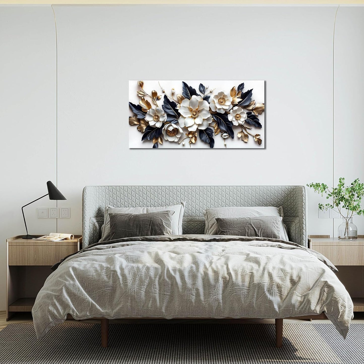 HUBOSKN Flower Pictures Wall Decor for Living Room - Blue White and Gold Wall Art for Bedroom - Modern Wall Decor for Bedroom Women Size 20" x 40"
