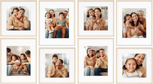 Camden Reed Arcadia 8 Piece Oversized Gallery Wall Frame, 11x14 and 11x11 inch matted frames for featuring 8x10 and 8x8 Inch Photographs or Art Prints, Natural Finish