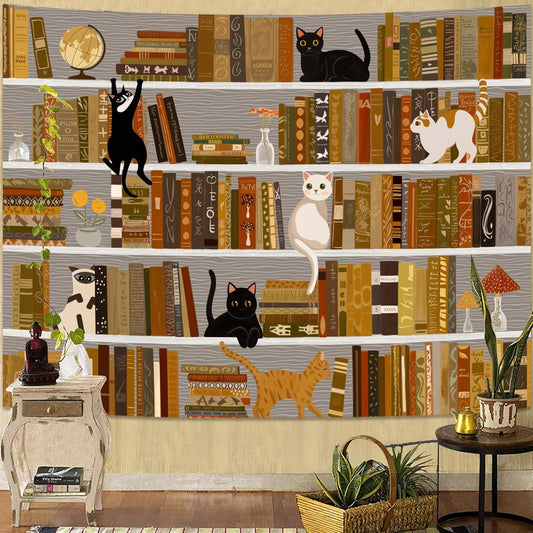 Accnicc Cat Bookshelf Tapestry Black White Cute Cats Book Shelf Tapestries Wall Hanging Art Vintage Retro Academics Library Tapestry for Bedroom Living Room Dorm 60 x 44 inch