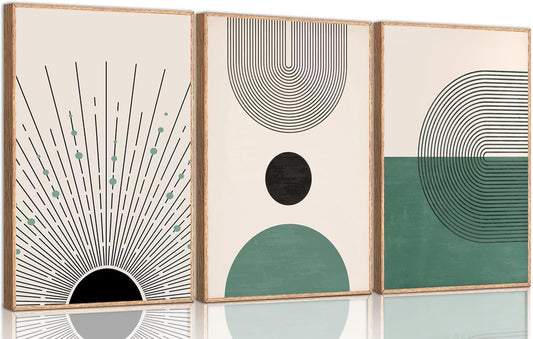 3 Pcs Sage Green Boho Canvas Wall Art Modern Abstract Minimalist Neutral Bohemian Sun Geometric Line Painting Picture Wall Decor Poster Print Artwork for Living Room Bedroom Home Decoration Unframed