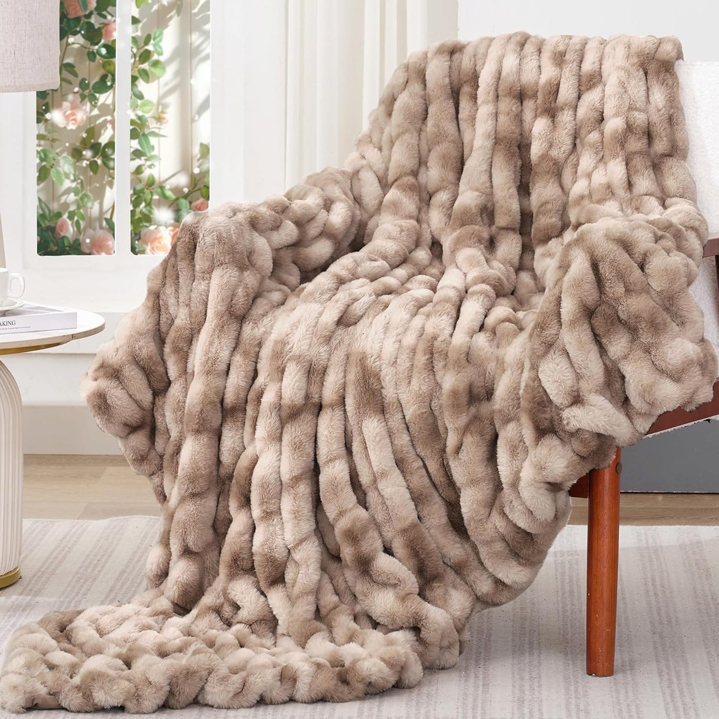 Touchat Ruched Faux Rabbit Fur Blanket, 700 GSM Luxury Dual-Sided Soft Cozy Blanket, Fuzzy Fluffy Plush Throw for Bed, Couch and Sofa - 60"x80", Tie-dye Brown