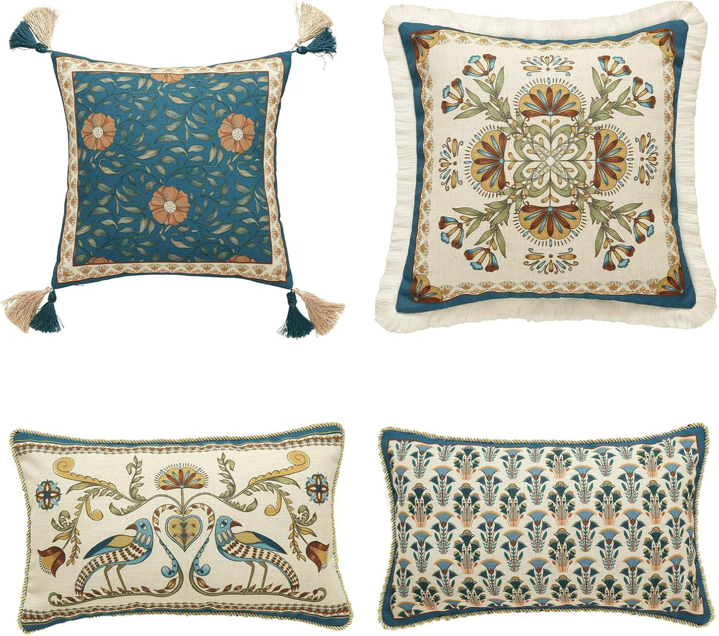 patdrea Designer Throw Pillow Covers Set of 4,French Vintage Blue Linen with Floral Collection Pattern Pillow Cover,Decorative Rectangle and Square Pillowcases Cushion for Bed Living Room Outdoor