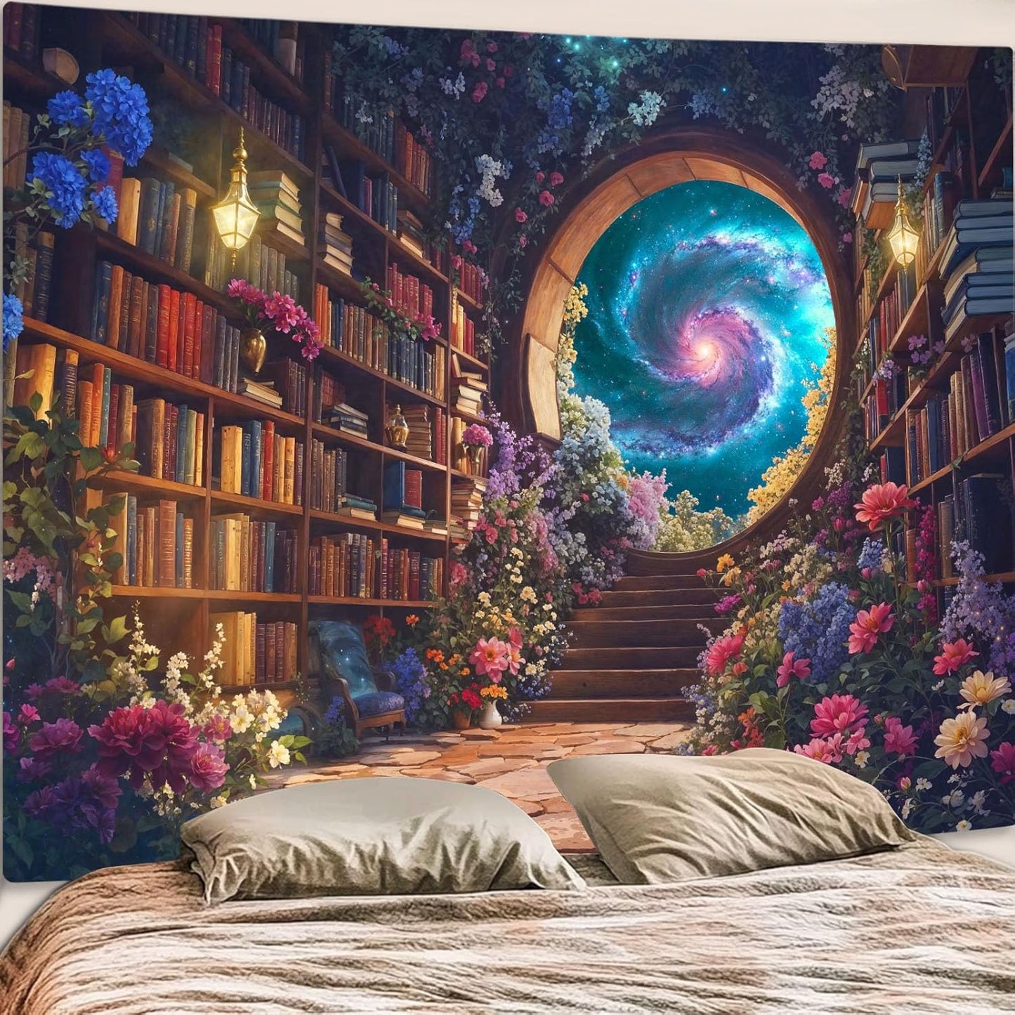 Accnicc Floral Bookshelf Tapestry Fantasy Library Tapestries Wall Hanging Vintage Plant Flower Book Large Tapestry for Bedroom Living Room Dorm 80 x 60 inch