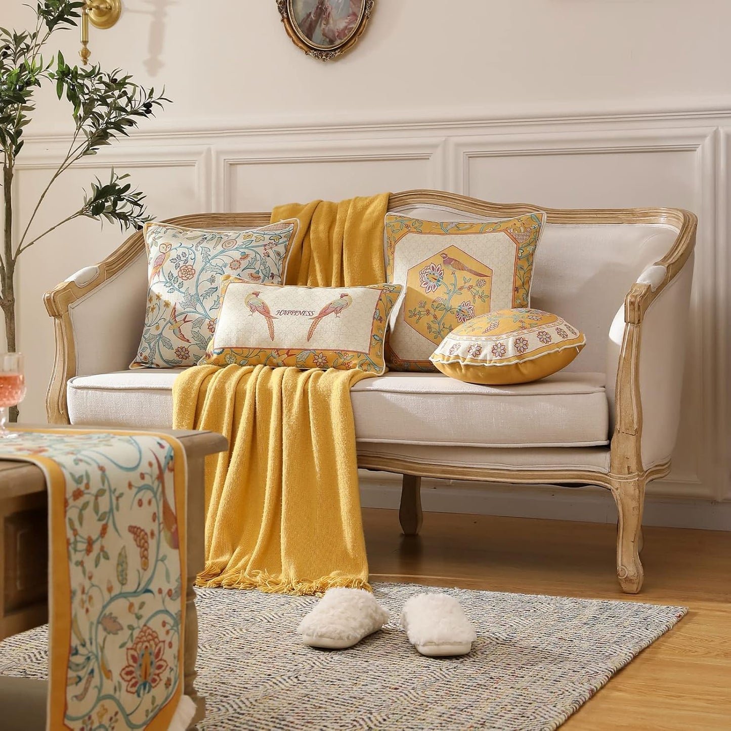 patdrea Design Yellow Linen Throw Pillow Covers Pack of 4, French Square Lumbar Round Pillowcase, Soft Durable Cushion Cases Pillowcase for Couch Bedroom Car Living Room 4 PCS