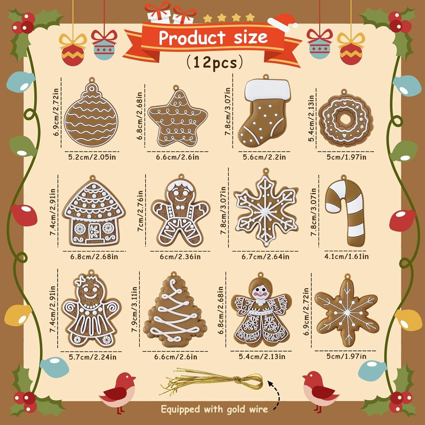12pcs Christmas Gingerbread Man Ornaments, Assorted Gingerbread Figurines Decorations with Gingerbreads House Snowflake Ornaments for Xmas Tree Winter Crafts Holiday Home Party Decor Indoor