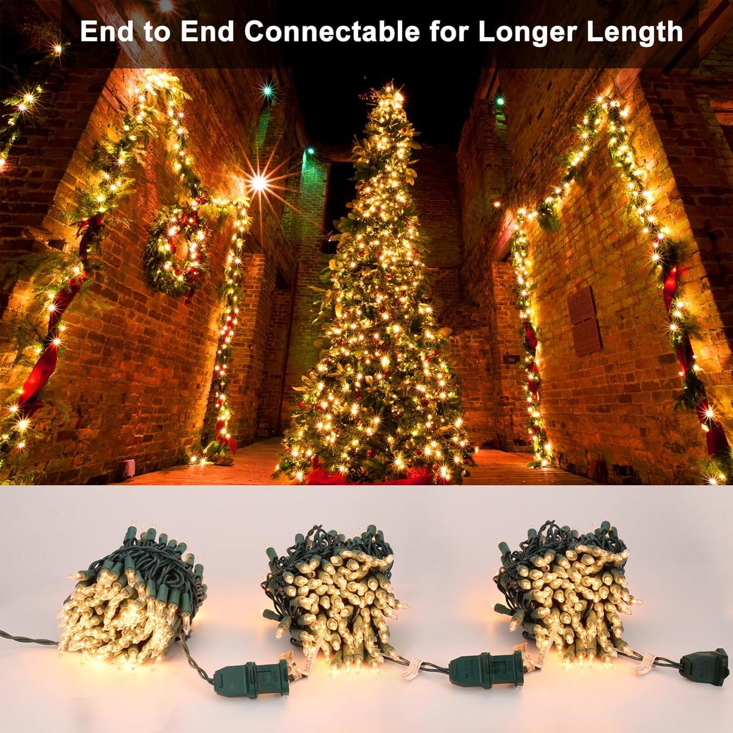 BrizLabs Clear Christmas Lights Outdoor 300 Count 69.6ft Incandescent Christmas Lights Connectable Warm White Light String UL Certified Xmas Mini Light Green Wire for Indoor Tree Holiday Party Decor
