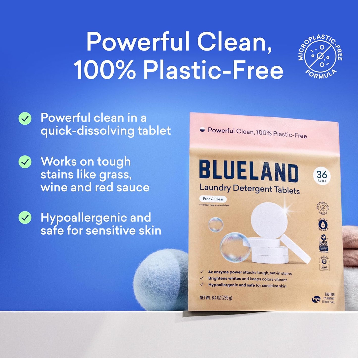 BLUELAND Laundry Essentials Kit, Fragrance Free & Clear - Plastic-Free Laundry Detergent Tablets, Oxi Booster, and Reuseable Natural Wool Dryer Balls