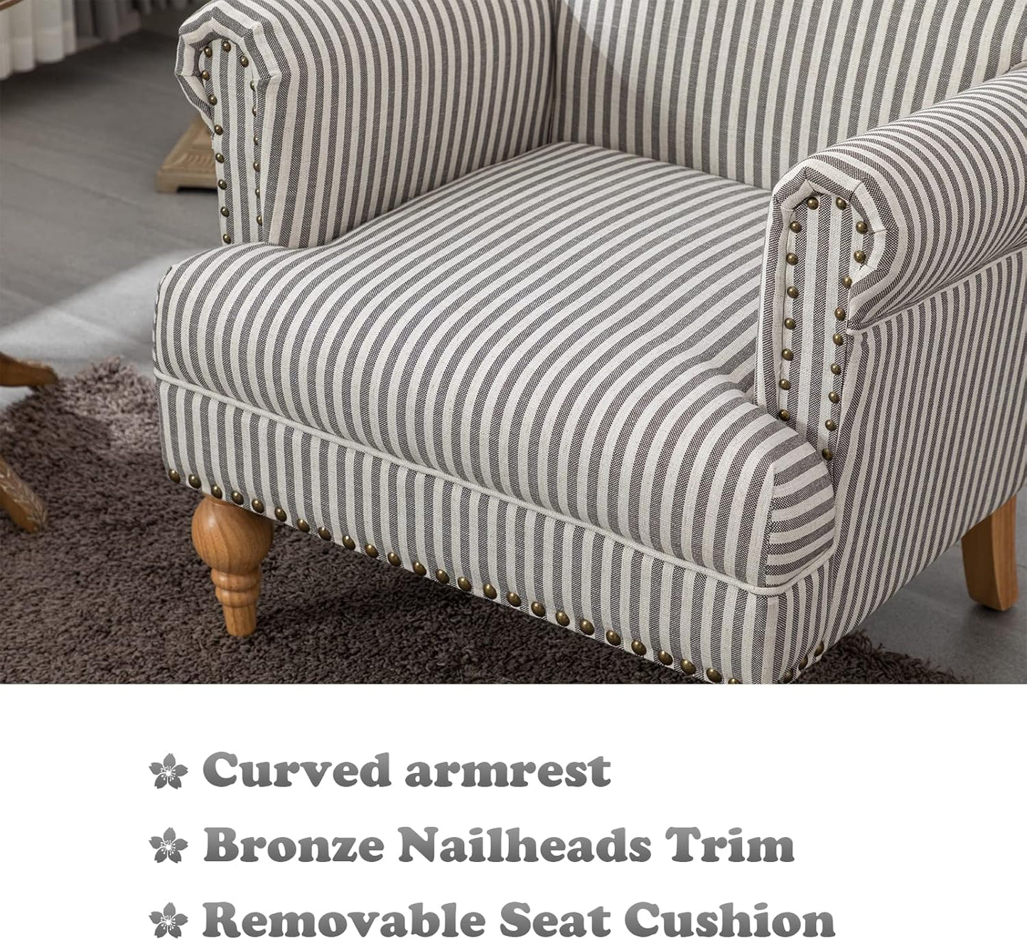 chairus Linen Accent Chair for Living Room Set of 2 Upholstered Mid Century Modern Single Sofa Chair with Solid Wood Legs Comfy Reading Armchair for Bedroom/Office Room/Recption/Lounge, Black Stripe