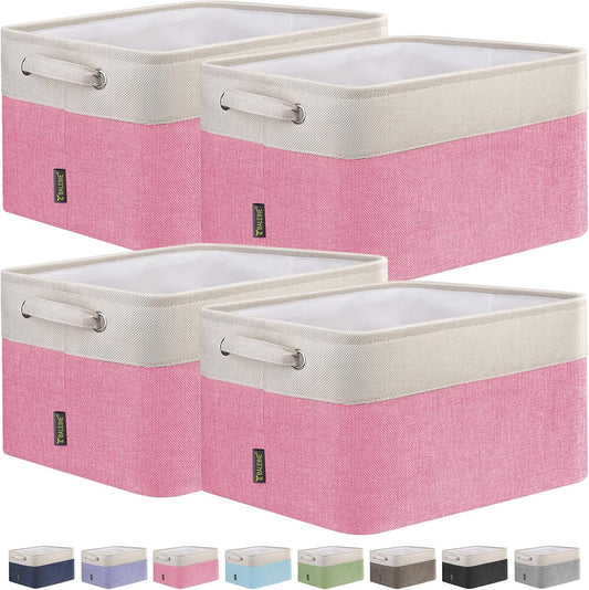 BALEINE 4 Pack Fabric Storage Bins for Shelves, Linen Storage Baskets for Organizing, Decorative Closet Bins for Clothes, Home (Pink, 15''x11''x9.5'')