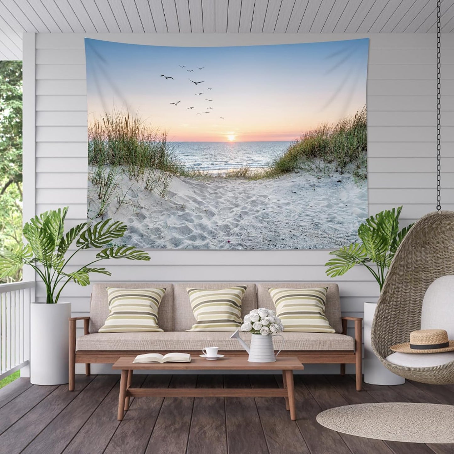 HVEST Ocean Beach Tapestry Wall Hanging, Sunset Seabird and Beach with Grass, Natural Landscape for Bedroom, Living Room, Dorm Decoration, 92.5x70.9 Inches