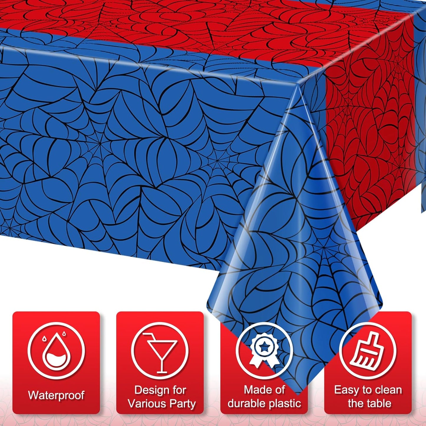 6Pcs Spider Web Themed Birthday Party Tablecloth Decorations,Blue Hero Plastic Table Cover with Red Runner Disposable Rectangle Table Cloth for Baby Shower Kids Boy Birthday Party Supplies,54x108 Inch