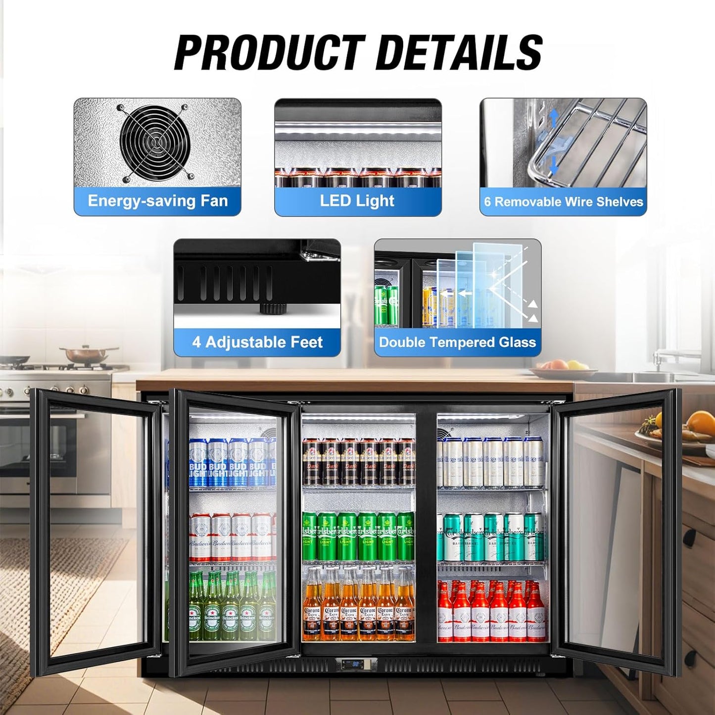Beverage Refrigerator, 53.15W Inch 12 Cu.Ft Drink Fridge, Back Bar Beer Fridge with 3 Glass Door, 35.43" Height Beverage Cooler, Built-in & Undercounter Commercial Back Bar Cooler for Kitchen Shop Bar