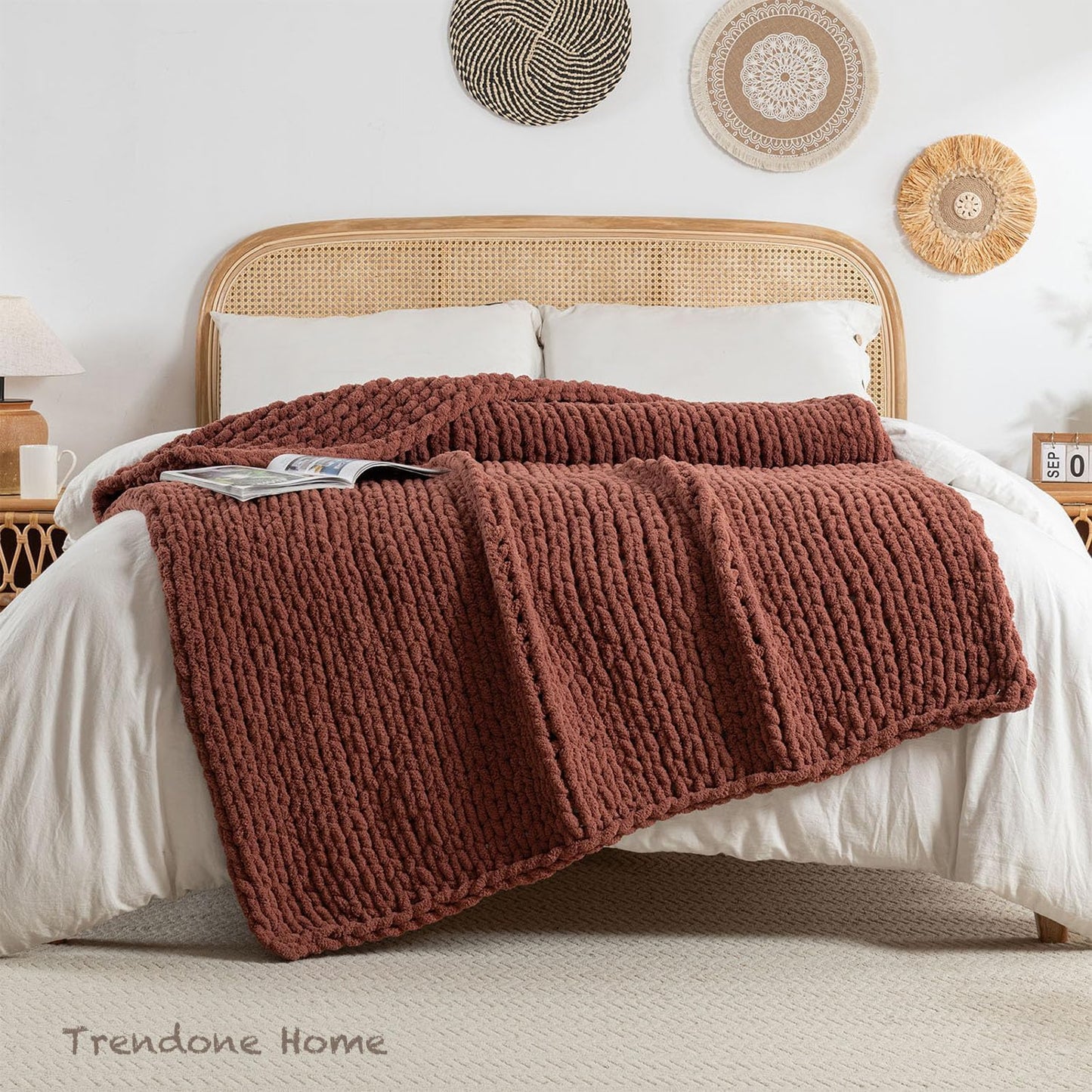Chunky Knit Blanket Throw, 100% Hand Knit Throw Blanket Handmade Chenille Cable Knit Throw for Couch, Stylish Cozy Soft Rope Knot Crochet Blanket for Home Decor, Copper Brown, 60x80 Inches