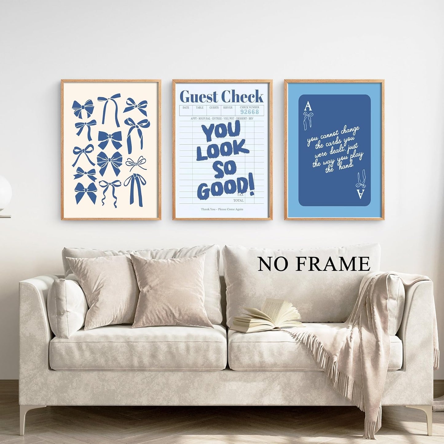 Blue Preppy Wall Art Set of 3 Trendy Navy Bow Posters Retro Guest Check Canvas Prints Poker Painting Minimalist Positive Quote Picture Decor Aesthetic for Living Room Dorm Apartment 16x24in Unframed