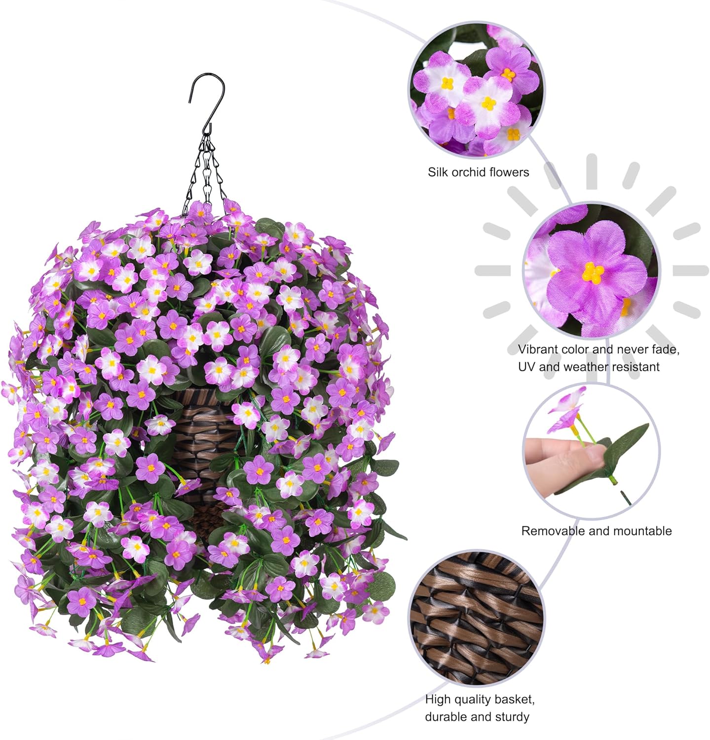 Artificial Fake Hanging Flowers with Basket for Outdoor Decoration,UV Resistant Faux Silk Light Fuchsia and Fuchsia Orchid Flowers Vines in Planter Realistic Hanging Baskets for Home Porch Garden