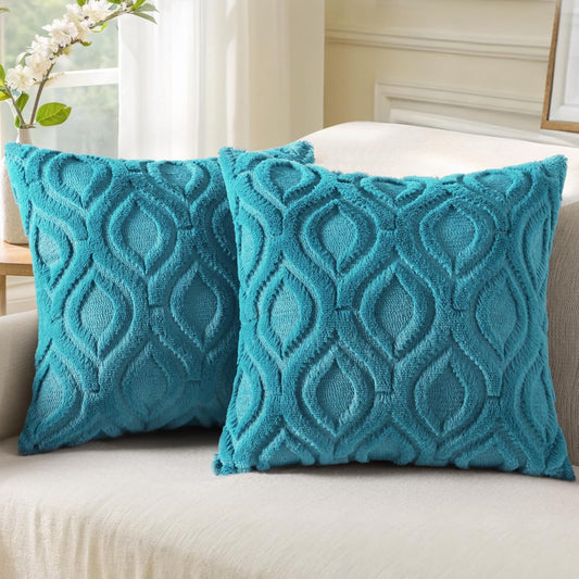 decorUhome Fall Throw Pillow Covers 16x16 Inch Set of 2, Soft Plush Decorative Faux Fur Teal Solid Couch Pillow Covers, Accent Farmhouse Neutral Square Euro Pillow Cases for Sofa Bed Living Room