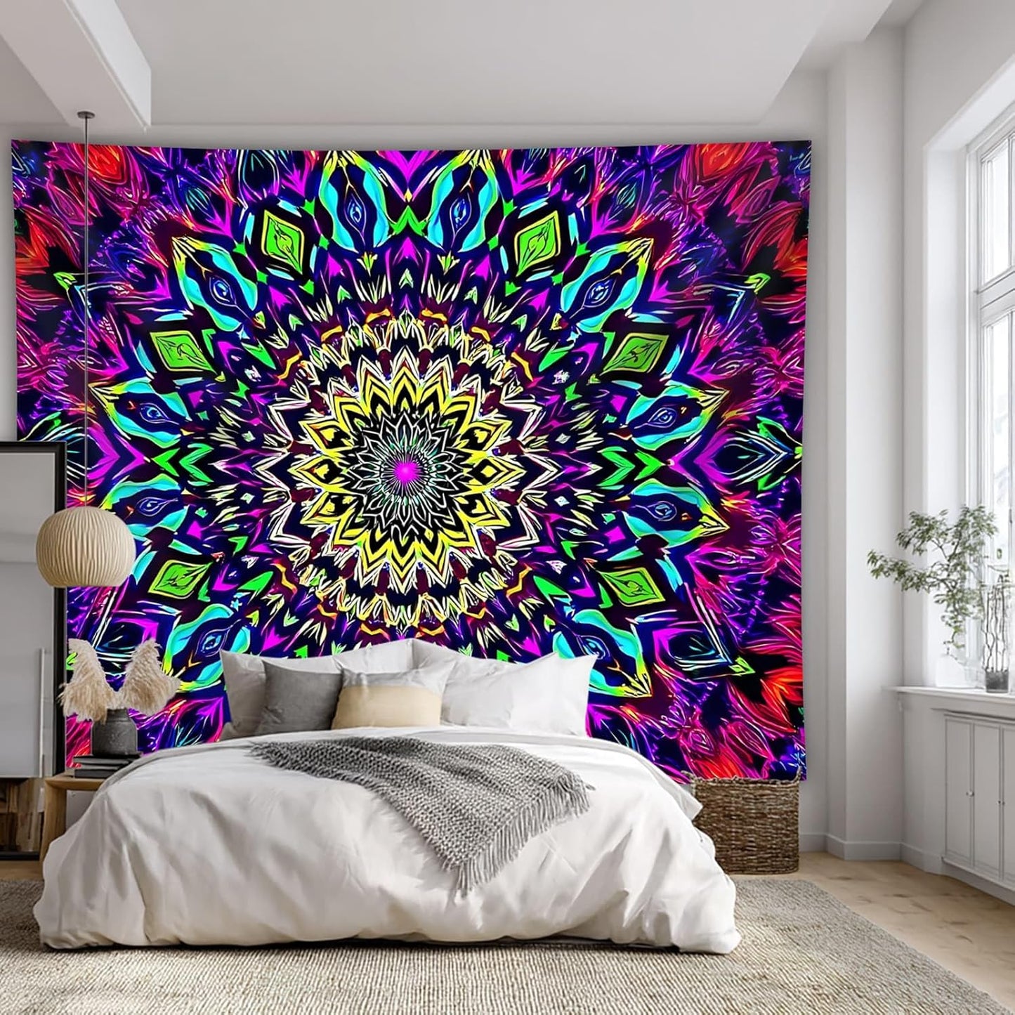 Blacklight Mandala Tapestry for Bedroom, Black Light Posters for Adults and Teens, Colorful UV Reactive Aesthetic Bohemian Wall Art Decor (40 x 30 Inches)