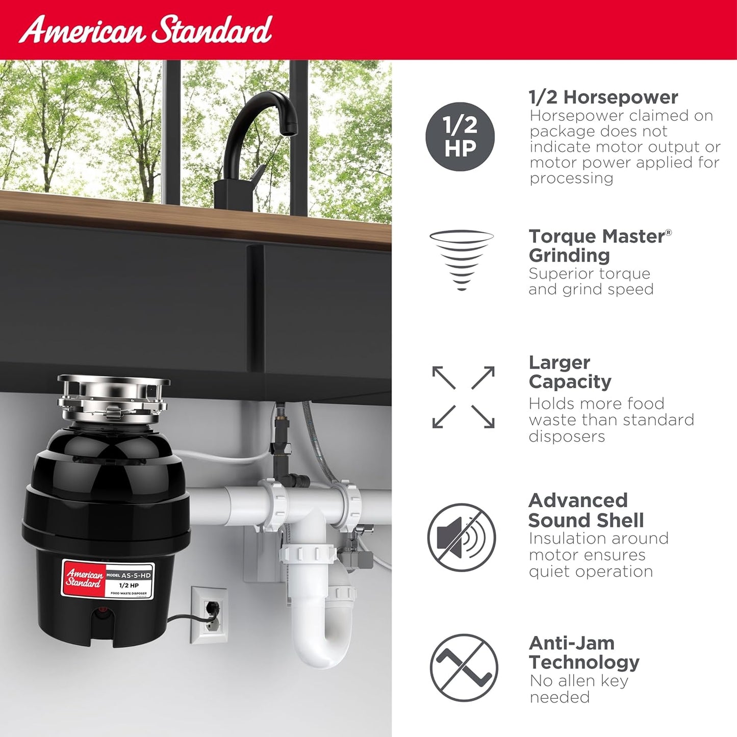 American Standard 10-US-AS-5-HD Garbage Disposal Anti-Jam Stainless Steel Food Waste Grinding System, Heavy Duty, 1/2 HP, Black