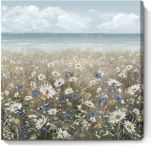 Canvas Wall Art Beach Floral Wall Picture Coastal Boho Farmhouse Daisy Flowers Nautical Sea Ocean Wildflowers Canvas Print Vintage Artwork for Small Rustic Bathroom Bedroom Living Room Office Décor