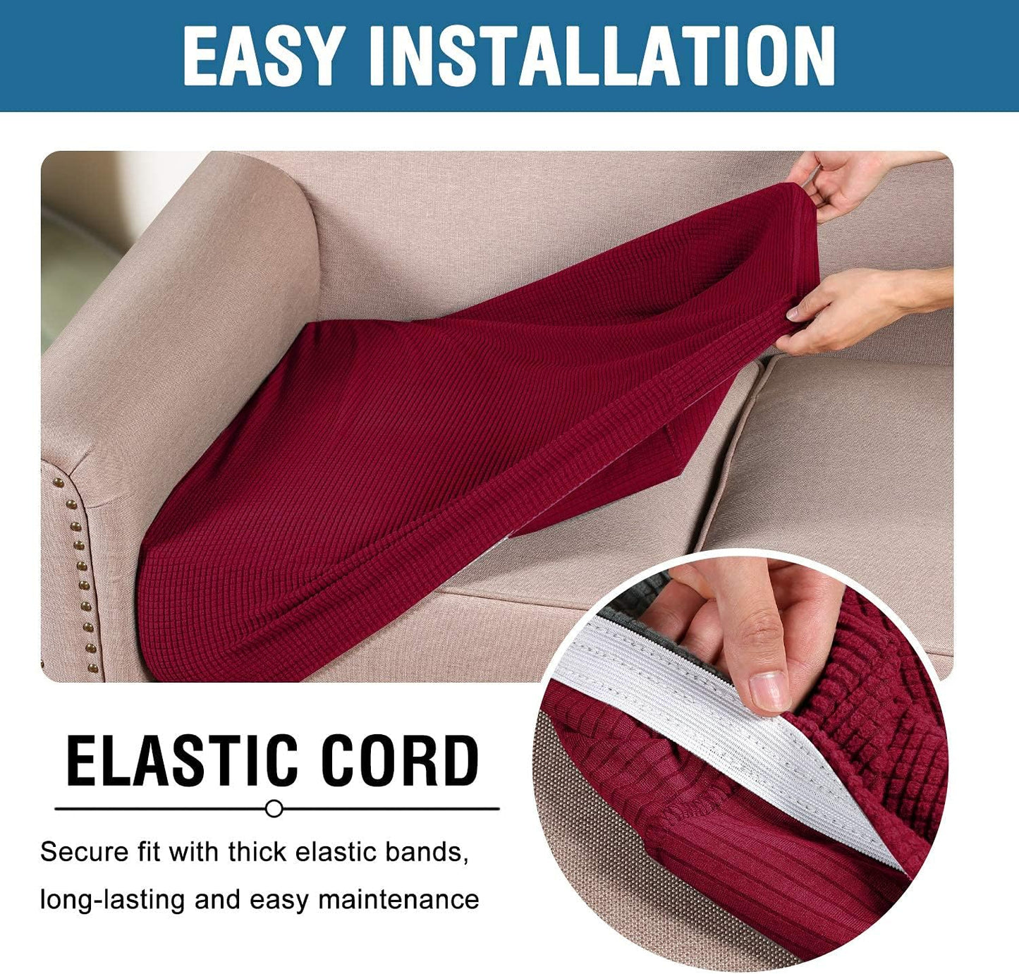 H.VERSAILTEX Super Stretch Individual Seat Cushion Covers Sofa Covers Couch Cushion Covers Slipcover Sets Thick Jacquard Textured Twill Fabric (2 Piece Large Sofa Cushion Covers, Burgundy Red)