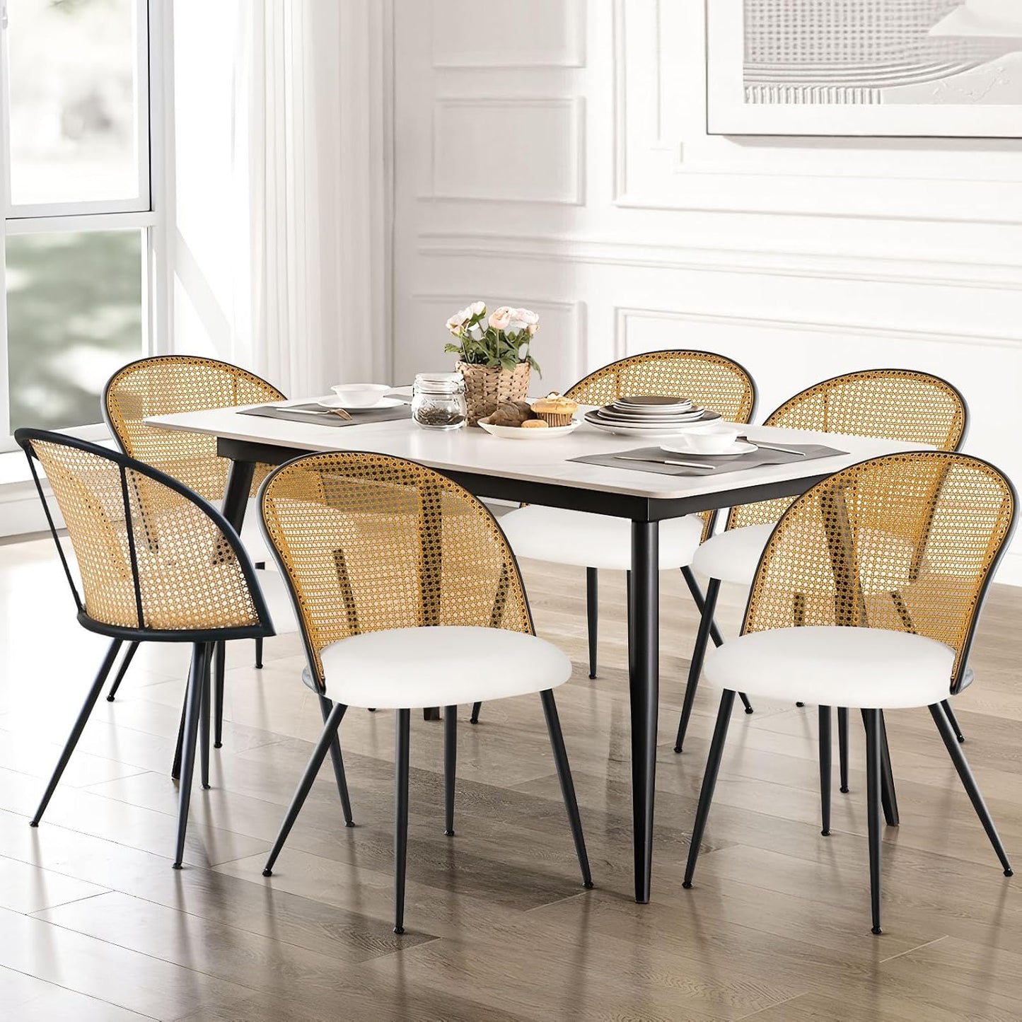 Dining Chairs Set of 6, Mid Century Modern Dining Room Chairs with Rattan Back, Faux Leather Kitchen Dining Chairs Farmhouse Armless Mesh Cane Back Side Chairs with Metal Legs, White
