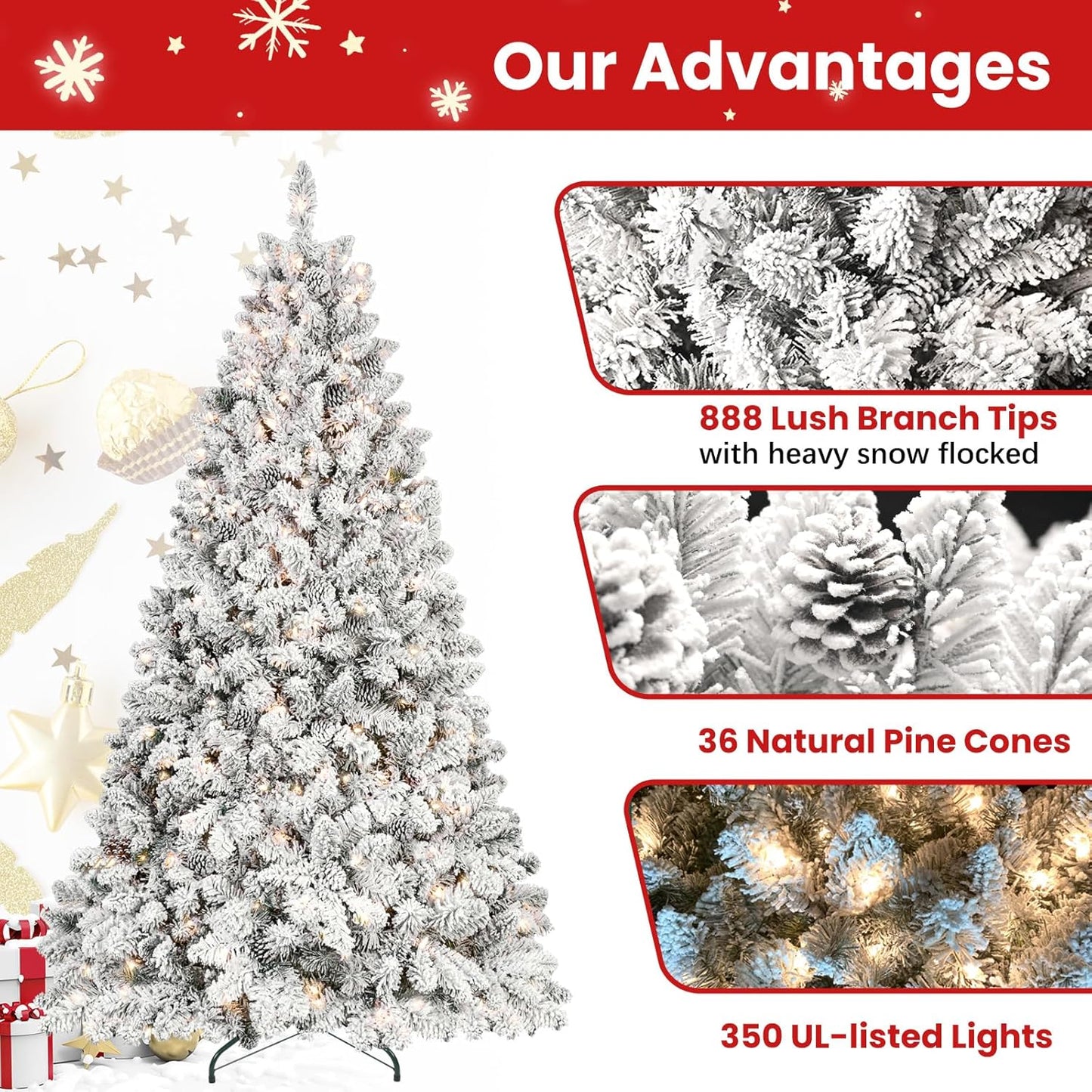 6ft Pre-lit Christmas Tree, Flocked Christmas Tree with 350 UL Lights & Pine Cones & 888 Tips, Snow Frosted Artificial Christmas Tree Prelit, Auto Hinged Spruce Xmas Tree for Holiday Decor