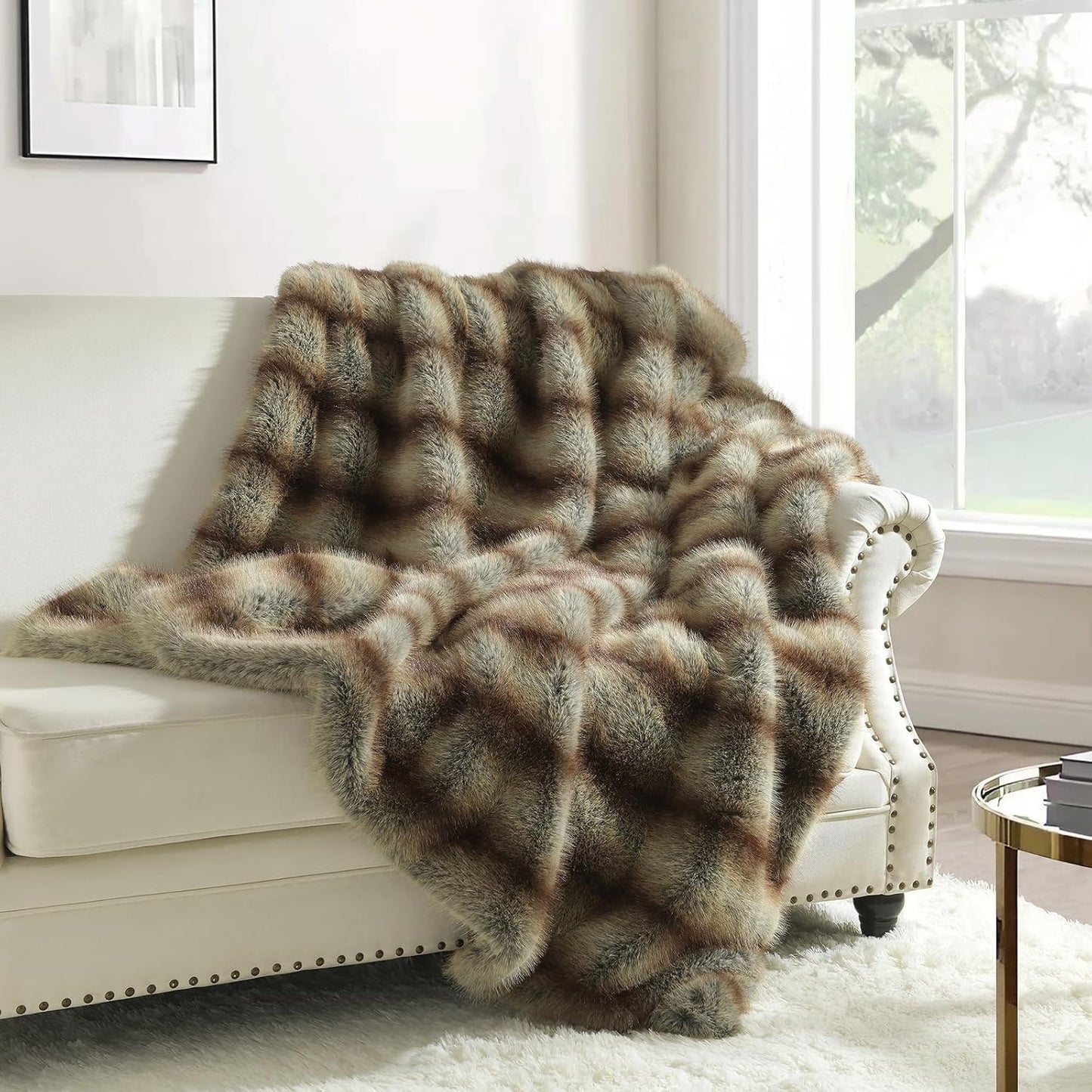 HORIMOTE HOME Luxury Plush Blanket, Soft & Cozy Fur Throw Blanket for Couch, Bed and Sofa, Fluffy Faux Fur Throw, with Shed-Free Design, 50x60 Inches Decorative Blankets, Brown Taupe Stripes